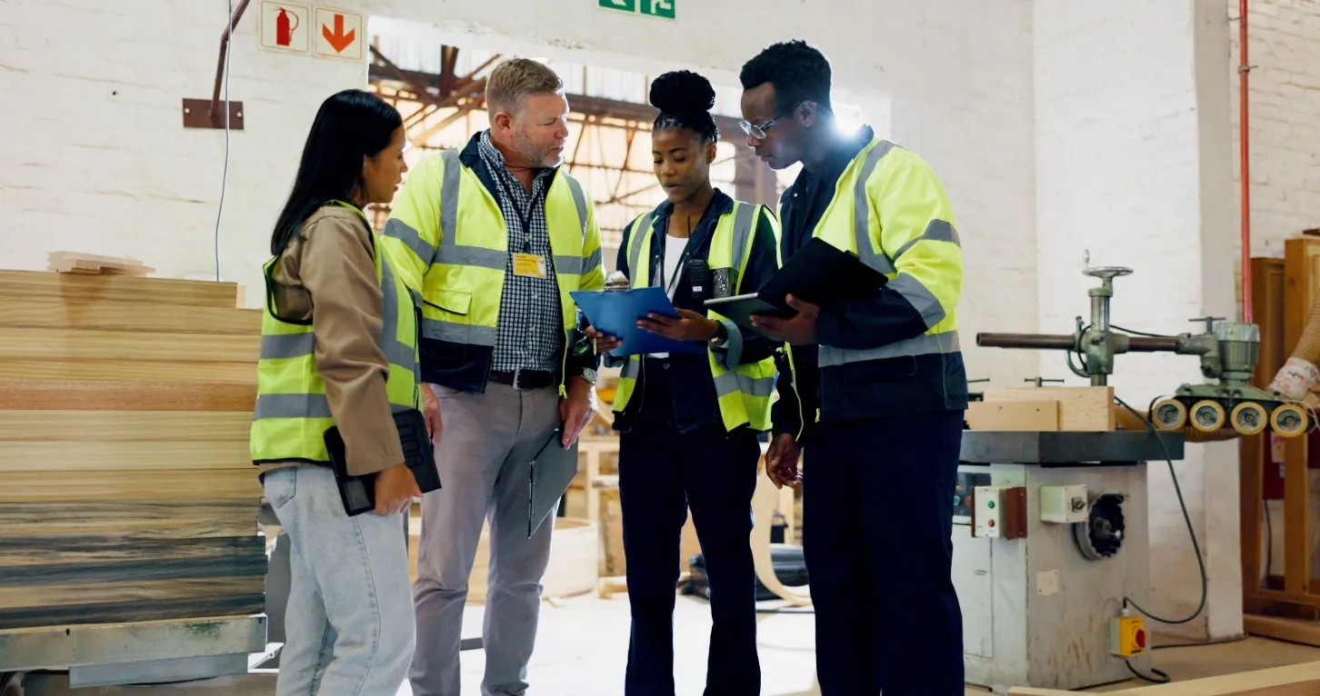 Industrial team inspecting documentation on the shop floor